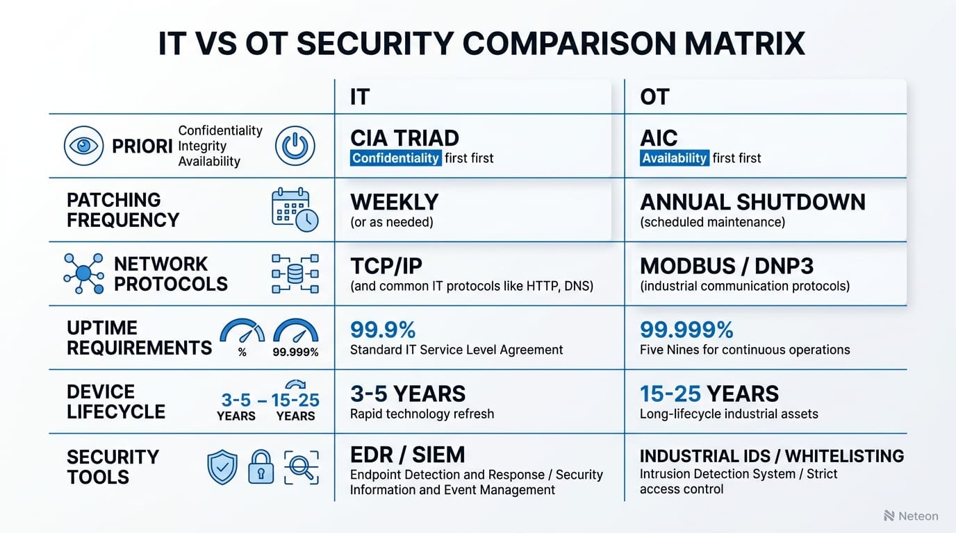 IT vs OT Security Comparison Matrix: side-by-side table comparing priorities (CIA triad vs AIC), pat