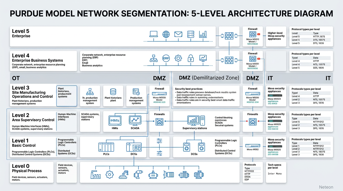 Purdue Model Network Segmentation: 5-level architecture diagram showing Level 0 (Physical Process) t