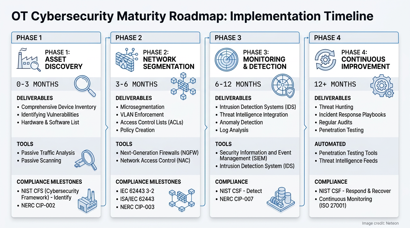 OT Cybersecurity Maturity Roadmap: 4-phase timeline (Phase 1: Asset Discovery 0-3 months, Phase 2: N