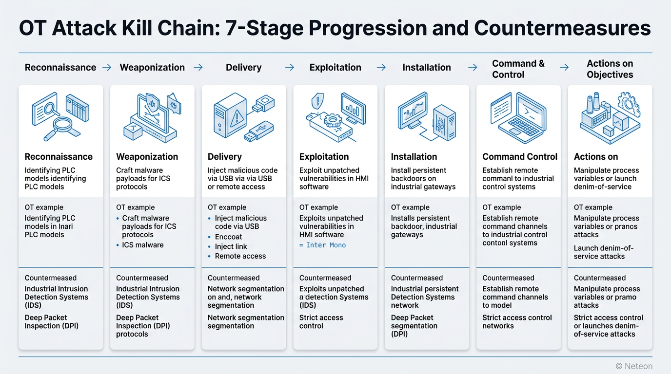 OT Attack Kill Chain: 7-stage progression diagram showing Reconnaissance → Weaponization → Delivery 