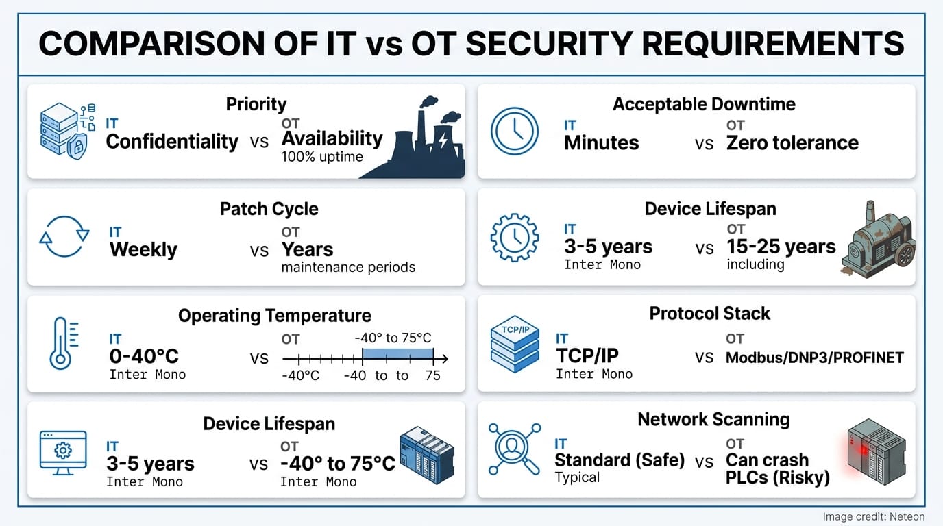 IT vs OT Security Requirements Comparison